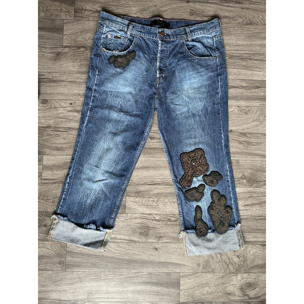 Animale Brazil Beaded Cropped Jeans Women Size 42 Blue Designer Denim.100%Cotton